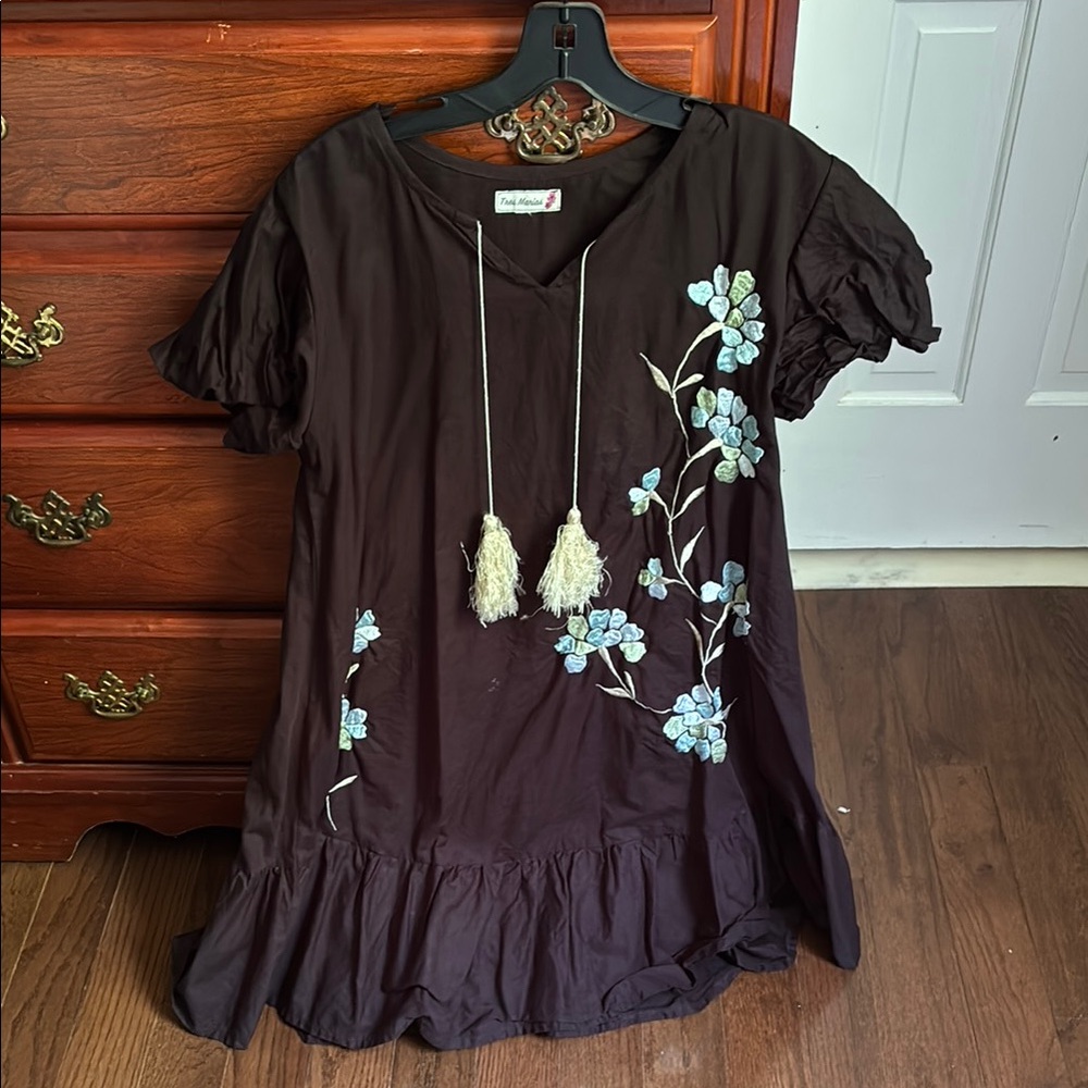 Embroidered Black Mini Dress with Blue Floral Design